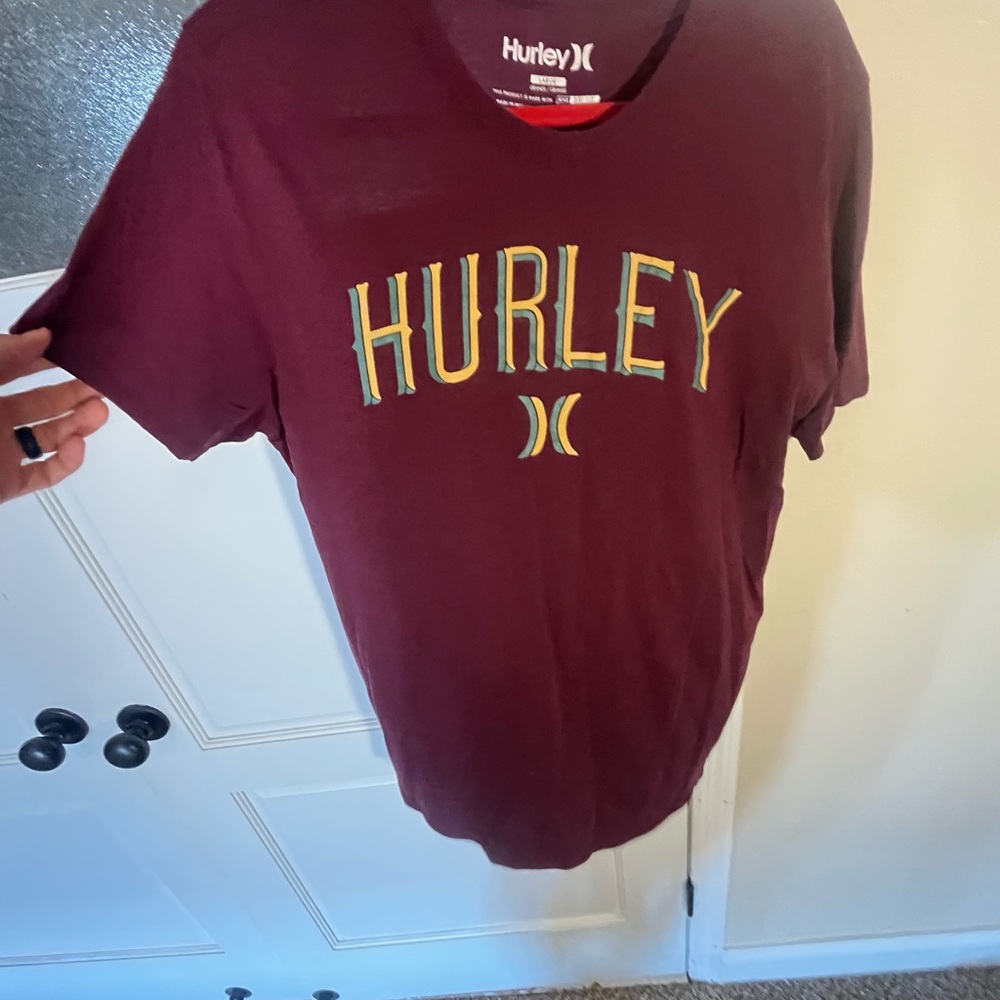 Hurley Men's Burgundy T-Shirt with Yellow Logo